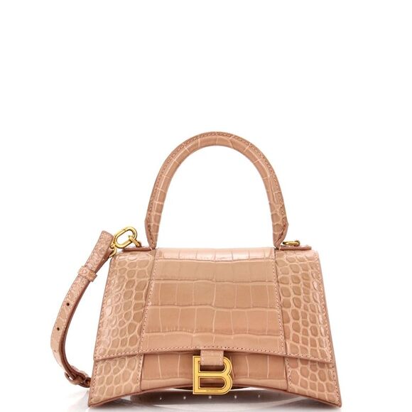 Balenciaga Hourglass Top Handle Bag Crocodile Embossed Leather Small Neutral - Picture 1 of 6